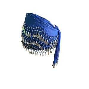 Belly Dance Hip Scarf Women OS Blue Excellent Silver Coin Bead Wrap